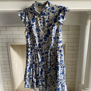 Floral Blue and White Ruffle Dress Summer Boho Chic, Casual Sundress,